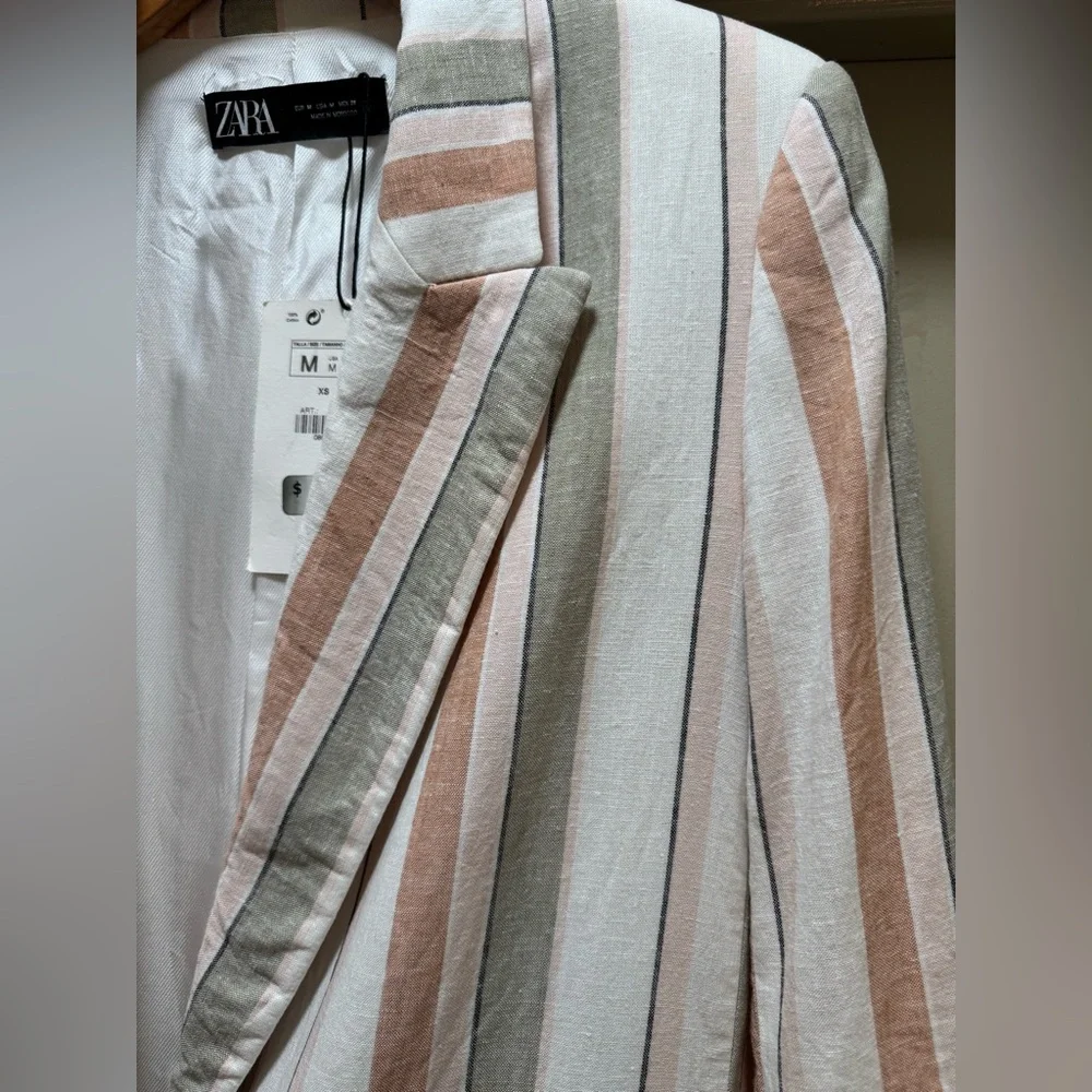 Zara Striped Linen Blend Blazer Size Medium - Picture 6 of 14